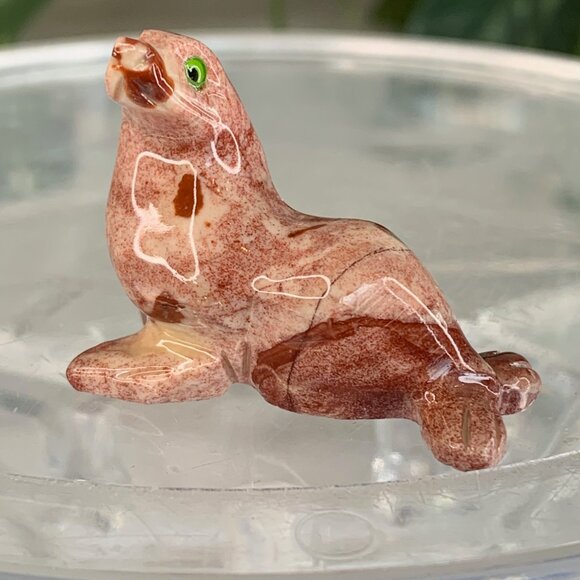 Soapstone Seal Figurine Other - Red Steatite Soapstone Seal Sea Lion Figurine Green Eyes Shiny Polish Animal 1.5